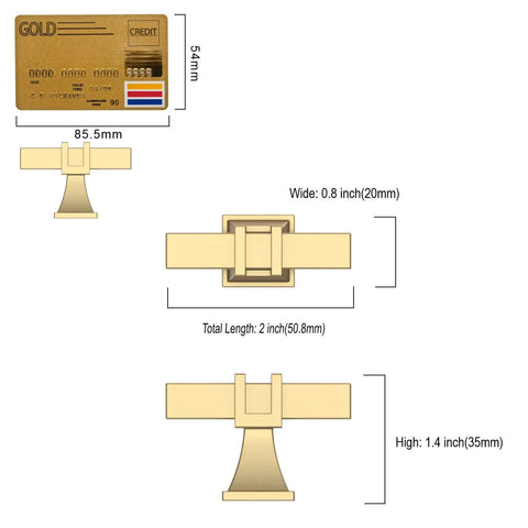 Diagram of 10 Pack Brushed Gold Cabinet Knobs 1.46 Inch 37mm Single Hole Drawer Pulls with measurements, against credit card size reference.