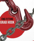 End fitting grab hook on red heavy duty ratchet chain binder for 1/4 to 5/16 inch chain, forged steel, 2600 lb WLL