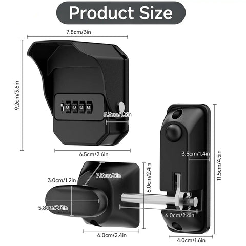 Product size dimensions of Smooth Operator OneHand PopUp Gate Latch With Secret Combo Lock, showing measurements for installation.
