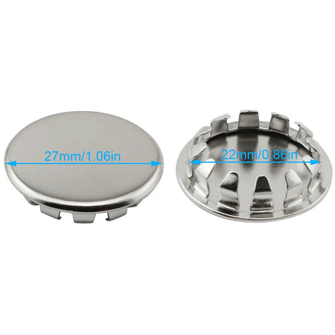 12 Pack Stainless Steel Knockout Plugs For Electrical Boxes featuring knurled grip, shown in 22mm and 27mm sizes for fitting.
