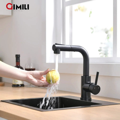 Modern Bar Sink Faucet With Pull Out Sprayer, Single Handle, Matte Black Kitchen Faucet with running water over lemon