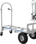 2 In 1 Convertible Hand Truck With 1000 Lbs Capacity, Heavy Duty Platform Cart Dolly For Home And Warehouse Moving, Non Slip Handle And Wheels, Foldable Design, Durable Steel Frame, Easy Switch Between Two Wheel And Four Wheel Modes. foldable steel hand truck in four-wheel platform mode with large rubber wheels