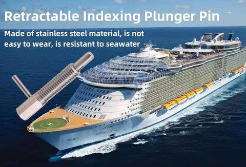 Heavy Duty M12 Retractable Indexing Plunger Pin 4 Pack Stainless Steel Spring Loaded Latch, shown with cruise ship background.
