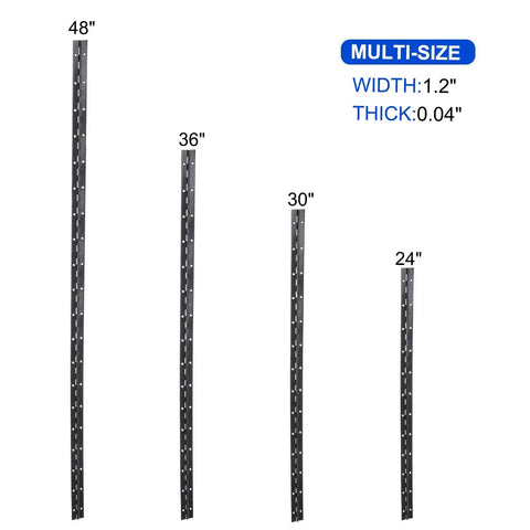 Premium Black Coated Piano Hinge 30 Inch Continuous Stainless Steel Door Hardware Heavy Duty Cut To Fit Length with multiple sizes shown.