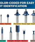 All Purpose Router Bit Set For Woodworking Pros Ten Piece Carbide Tipped Bits With One Half And One Quarter Inch Shanks Includes Straight Mortising Edge Trimming Decorative Edging And Dovetail Profiles Micrograin Sharp Bits In Durable Wood Case color-coded for easy identification