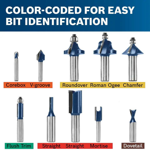 All Purpose Router Bit Set For Woodworking Pros Ten Piece Carbide Tipped Bits With One Half And One Quarter Inch Shanks Includes Straight Mortising Edge Trimming Decorative Edging And Dovetail Profiles Micrograin Sharp Bits In Durable Wood Case color-coded for easy identification