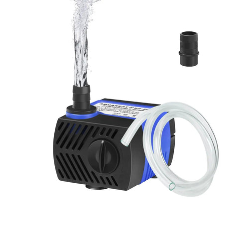 Tiny But Mighty 80 GPH Mini Submersible Fountain Pump with 3.3 ft tubing and water flow, ideal for aquariums and fish tanks.