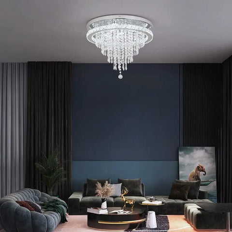 Crystal Chandelier LED Ceiling Light 19.6 Inch Flush Mount for Living Room Bedroom Kitchen Dining Room Modern Sparkle Fixture