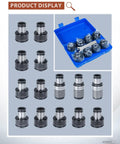 14 Piece TC820 ANSI Collet Set With Tap Holder For M36 Electric Tapping Machine displayed in a blue case, showing various sizes.
