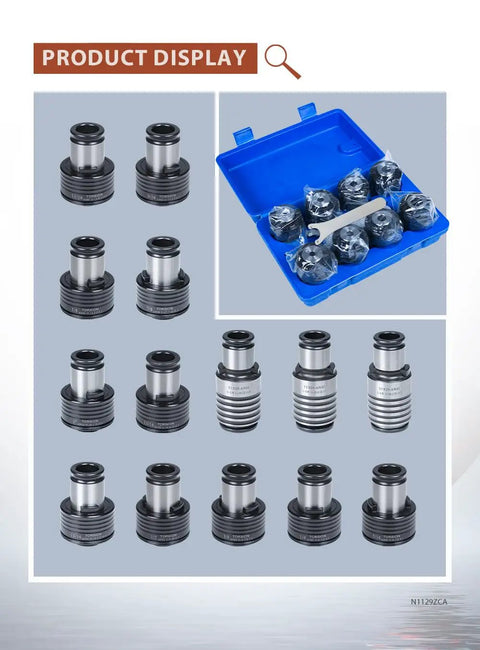 14 Piece TC820 ANSI Collet Set With Tap Holder For M36 Electric Tapping Machine displayed in a blue case, showing various sizes.