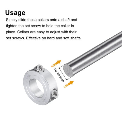 Two-Piece Clamp-On Shaft Collar For Seven-Eighths Inch Shaft, Aluminum Alloy, 1-5/8 Inch Outside Diameter, 1/2 Inch Thick, Set Screw Split Collar, Double Split, Lightweight, Rust Resistant, Precise Positioning on 7/8 shaft