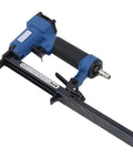 Rock Solid Pneumatic Brad Nailer And Rugged Aluminum Alloy Air Stapler With Snappy Quick Connect, blue grip, for woodworking.