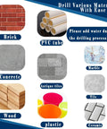 Collage of drilling materials showing brick, concrete, marble, ceramic tile, antique tiles, wood, plastic and PVC tubes.