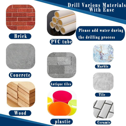 Collage of drilling materials showing brick, concrete, marble, ceramic tile, antique tiles, wood, plastic and PVC tubes.