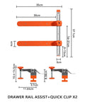 Toggle Clamp And Magnetic Arm Drawer Slide Jig with dual-scale construction, shown disassembled with measurements and clips.