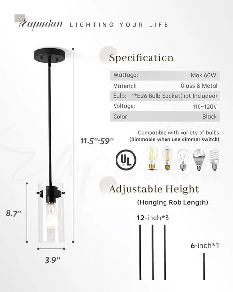 Industrial Pendant Light Fixture With Clear Glass Shade, dimensions, adjustable length, E26 Base UL Listed specs shown
