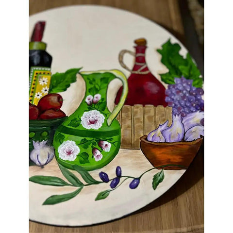 Hand Painted 13 Inch Lazy Susan With Wine And Fruit Design, Bamboo Turntable Serving Tray With decorative wine and fruit pattern.