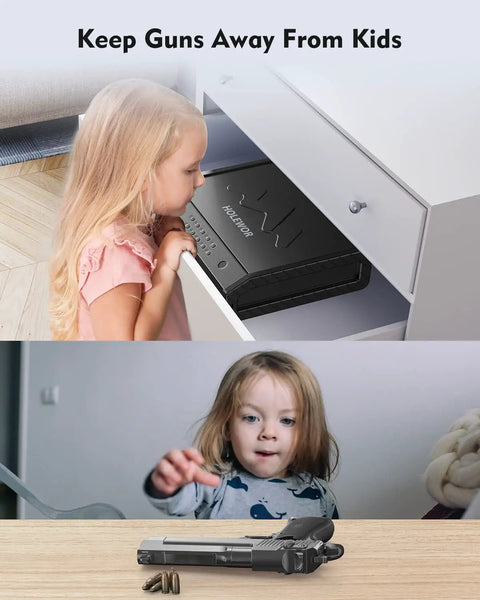 Child looking at Biometric Pistol Safe With LCD Temperature Humidity Display, Quick Access Fingerprint Handgun Safe, USB C Port