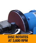 Rugged Workhorse 4X36 Belt And 9 Inch Disc Grinder With 1Hp Dual Voltage Motor showing the disc rotating at 3600 RPM.
