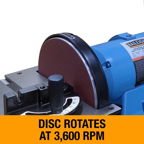 Rugged Workhorse 4X36 Belt And 9 Inch Disc Grinder With 1Hp Dual Voltage Motor showing the disc rotating at 3600 RPM.