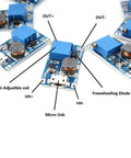 Dope Boost Converter DC DC Step Up Module With Micro USB Input 2V To 24V In 5V To 28V Adjustable Output 2A Max Current High Efficiency DIY Power Supply Board For Electronics Projects Pack Of 10 showing components.