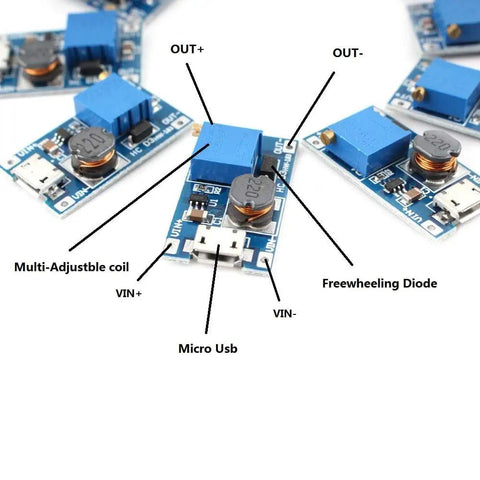 Dope Boost Converter DC DC Step Up Module With Micro USB Input 2V To 24V In 5V To 28V Adjustable Output 2A Max Current High Efficiency DIY Power Supply Board For Electronics Projects Pack Of 10 showing components.