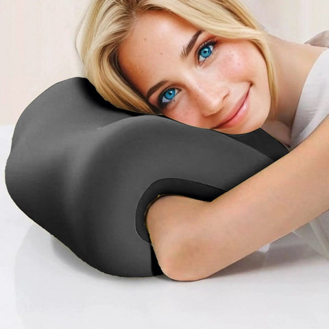 Woman resting head on Ergonomic Neck Support Pillow With Memory Foam For Office Chair And Desk All Day Comfort Breathable Headrest