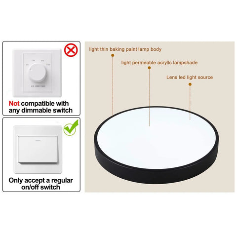 Sleek Black Flush Mount LED Ceiling Light Fixture 19.6 Inch 39W Modern Ceiling Lamp, with diagram of non-dimmable features.