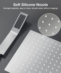 High Pressure 10 Inch Square Rain Shower System With Wall Mount Rain Head Hand Sprayer Rough In Valve Trim Kit Bathroom Mixer Shower Combo Durable Lead Free Construction And Corrosion Resistant Finish with close-up of soft silicone nozzles