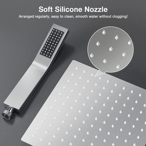 High Pressure 10 Inch Square Rain Shower System With Wall Mount Rain Head Hand Sprayer Rough In Valve Trim Kit Bathroom Mixer Shower Combo Durable Lead Free Construction And Corrosion Resistant Finish with close-up of soft silicone nozzles