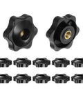 Heavy Duty Knockout Set Of 12 Black Star Knobs With M5 Female Thread 32Mm, showing multiple knobs with brass inserts for cabinet use.