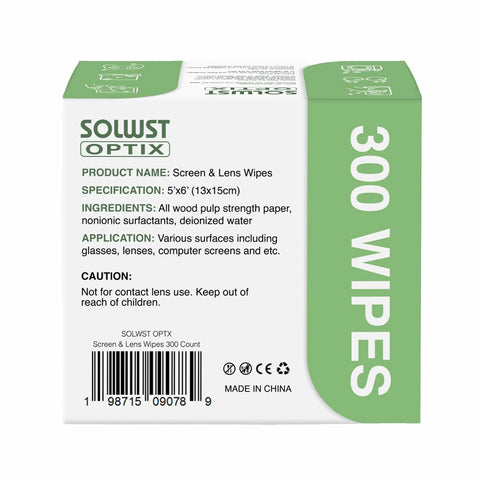 SOLWST OPTIX Screen & Lens Wipes, 300-count box of pre-moistened wipes for glasses, lenses and screens