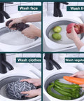 Person using Road Trip Ready Lightweight Folding Wash Basin One Point Four Gallon Capacity No Fuss Bpa Free Plastic Soaking Tub For Dorm Life Camping Treks And Housework Tasks Matte Grey to wash clothes, fruits, and vegetables.