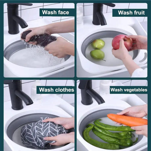 Person using Road Trip Ready Lightweight Folding Wash Basin One Point Four Gallon Capacity No Fuss Bpa Free Plastic Soaking Tub For Dorm Life Camping Treks And Housework Tasks Matte Grey to wash clothes, fruits, and vegetables.