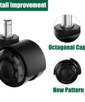 2 Inch Dual Wheel Office Chair Caster Wheels Replacement PU For Carpet And Hardwood Floors Universal Stem Heavy Duty Quiet Smooth Roll Fits Most Chairs Up To 880lb Per Chair 5CasterSet showing close-up details of octagonal cap and new pattern design