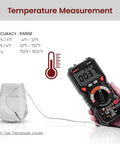 Digital Multimeter TRMS 6000 Counts Auto Ranging Voltmeter measuring temperature with K-type thermocouple in ice water.