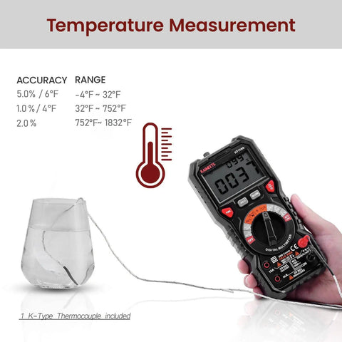 Digital Multimeter TRMS 6000 Counts Auto Ranging Voltmeter measuring temperature with K-type thermocouple in ice water.