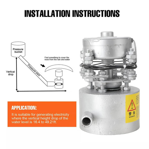 Diagram and photo of a 100W Portable Water Turbine Power Generator For Outdoor Use Micro Hydropower System With Ballast 50mm Spigot 110V To 220V Output Ideal For Home Lighting Camping And Off Grid Living, showing installation instructions and application note.