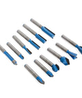 Top Shelf 50 Piece Router Bit Set With 1/4 Inch Shank And Heavy Duty Tungsten Carbide Tips For Clean Woodworking Cuts showing 12 assorted bits.
