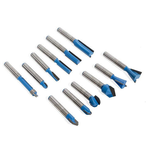 Top Shelf 50 Piece Router Bit Set With 1/4 Inch Shank And Heavy Duty Tungsten Carbide Tips For Clean Woodworking Cuts showing 12 assorted bits.