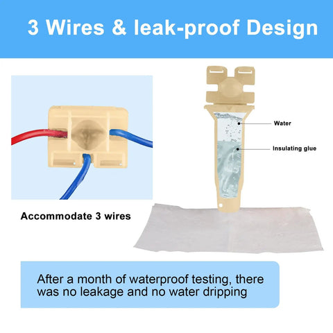 Diagram showing 30 Pack Waterproof Direct Burial Wire Cable Splice Kit 22AWG To 10AWG with 3 wires and leak-proof design.