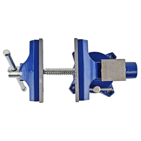Top view of Home Workshop Vise With Four And A Half Inch Jaw Width And Three Inch Opening Swivel Base For Secure Grip Heavy Duty 30,000 PSI Gray Iron Construction Ideal For DIY Projects In The Shop Blue Finish.
