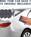 Person using Six Pack Nano Sparkle Car Scratch Remover Cloths For Easy Paint Repair And Water Spot Polishing on silver car