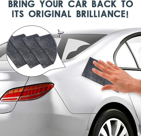 Person using Six Pack Nano Sparkle Car Scratch Remover Cloths For Easy Paint Repair And Water Spot Polishing on silver car