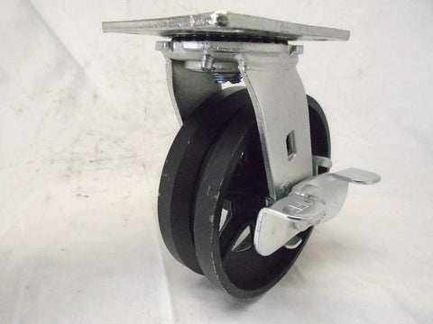 Heavy Duty 6 Inch By 2 Inch Swivel Caster With Brake, V Groove Iron Steel Wheel, 1000 Lb Capacity, For Carts And Machinery
