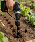 Hands using Extended Length Auger Drill Bit For Planting 1.6 In By 8.66 In Spiral Hole Digger in garden soil.