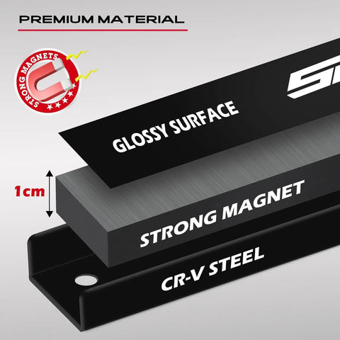Diagram of Magnetic Tool Holder Storage Organizer 7-Piece Set showing glossy surface, strong magnet, and CR-V steel layers.