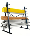 Built Tough As Nails Adjustable Seven Tier Steel Lumber Rack designed for garage shops, featuring wood and pipes neatly organized.