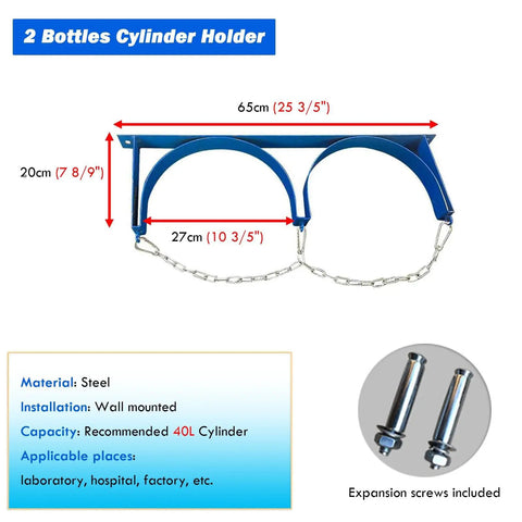 Heavy Duty Gas Bottle Wall Mount Bracket For Propane Oxygen Nitrogen And Argon Cylinders Portable Cylinder Holder With Adjustable Safety Chain Screws Included 2 Pack Garage Ready Storage Solution For Home Workshop, showing steel dual cylinder holder with chain and screws