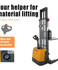 Apollo 3300 Lb Capacity Full Electric Stacker With 98 Inch Lifting Height powered straddle forklift with controls and lifted forks.